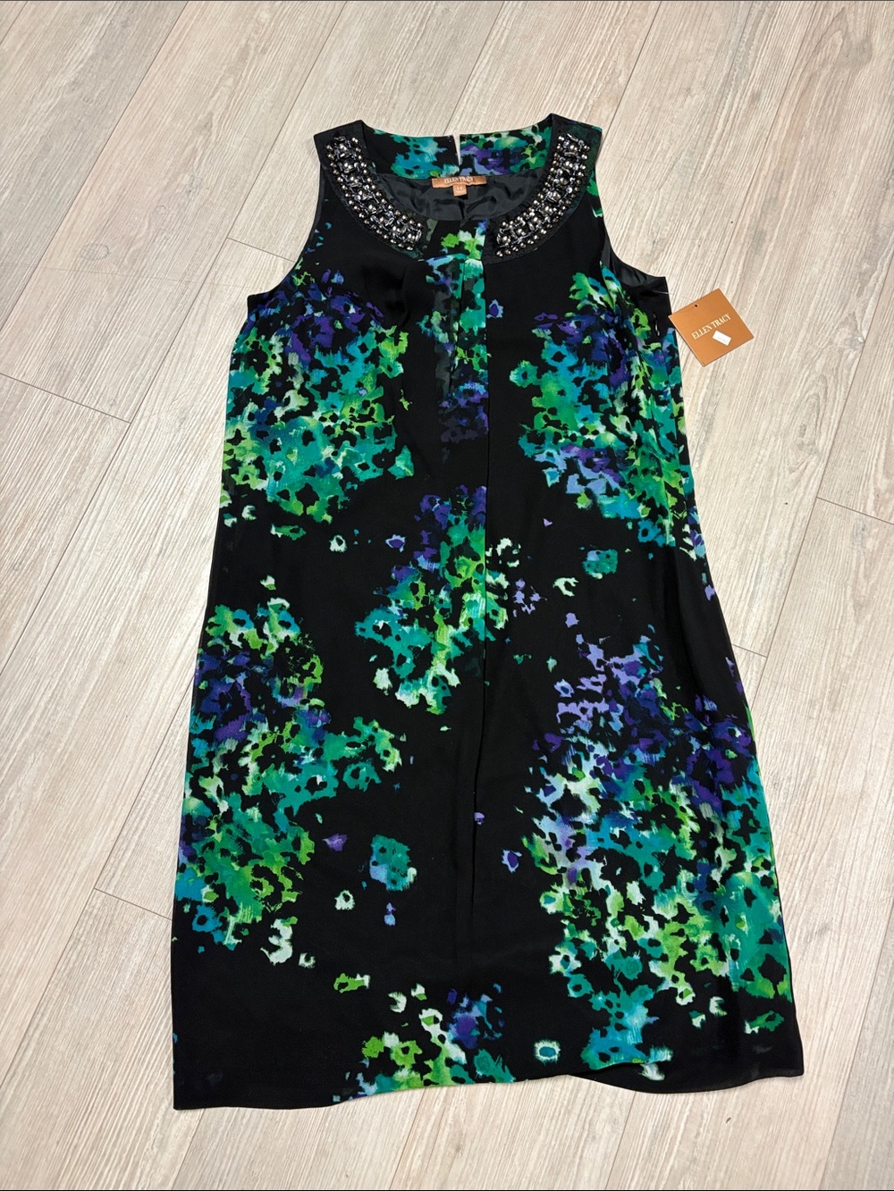 Ellen Tracy Black Shift Dress with Green & Blue Floral Print and Beaded Neckline